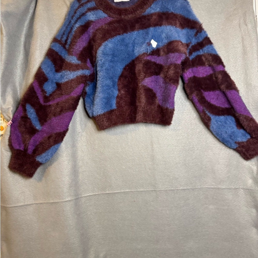 Blue and Purple Crew Neck Sweater with Abstract Pattern